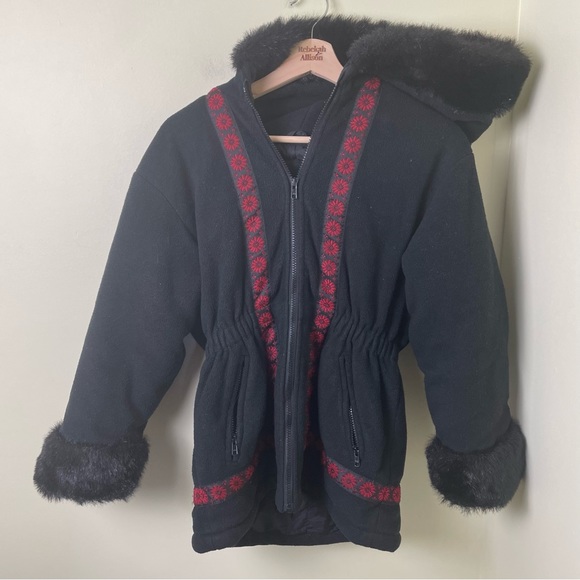 Rothschild Faux Fur Cuff & Hood Fair Isle Black Coat SZ Medium - Picture 3 of 16